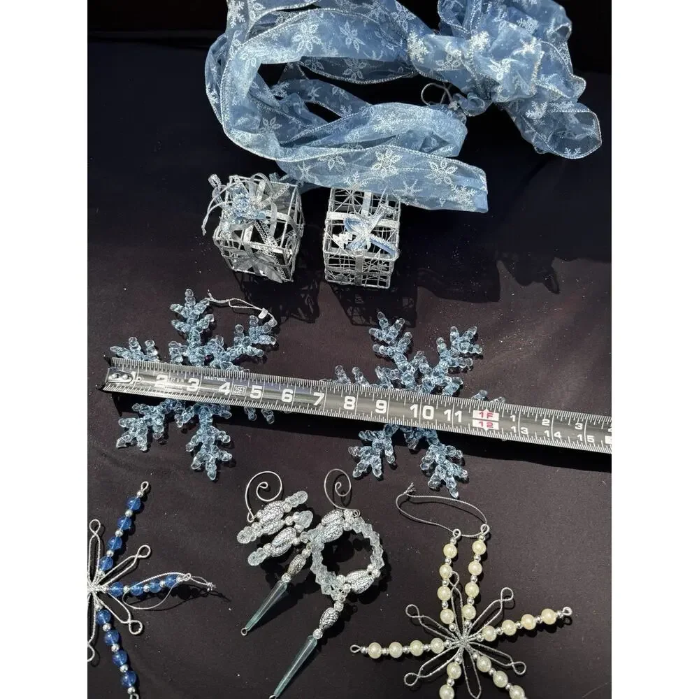 Beautiful Ice Blue Christmas Ornament Lot Snowflakes Bows & More! S1